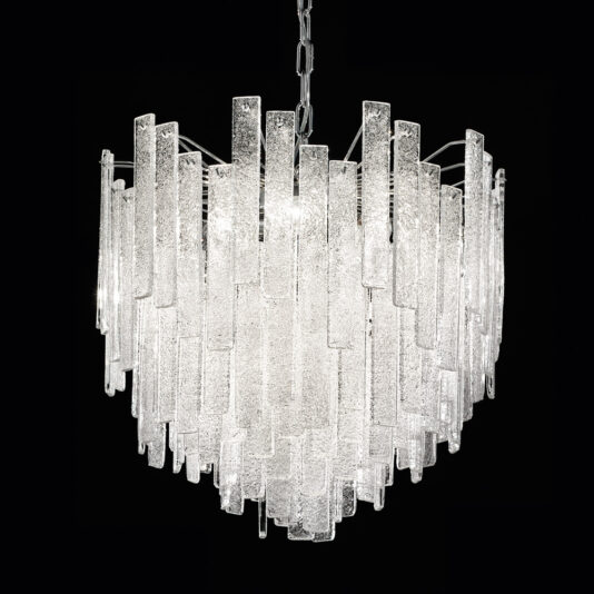 Small Modern Glass Chandelier The Small Modern Glass Chandelier, featuring multiple long, rectangular glass prisms arranged in a tiered, cascading design, hangs elegantly from a chain against a black background. This creates a sparkling and sophisticated lighting fixture.