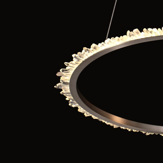 A Small Quartz Crystal Nickel Round Chandelier hangs against a black background. This modern pendant light fixture features a ring-shaped design with small, quartz crystal-like elements protruding from its outer edge, creating a radiant and elegant appearance.