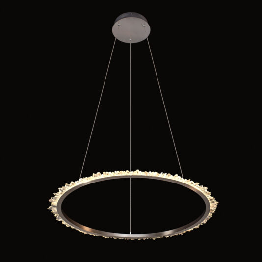 A modern circular pendant light fixture, the Small Quartz Crystal Nickel Round Chandelier, hangs from three thin wires attached to a round ceiling mount. The ring is adorned with illuminated crystals on the outer edge, creating a sophisticated and elegant appearance against the black background.