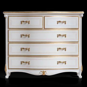 Tall Classic Louis Style Chest Of Drawers The Tall Classic Louis Style Chest Of Drawers is an elegant white dresser with four drawers, each featuring intricate gold accents. The top two smaller drawers and the larger three drawers below are adorned with ornate gold handles that match perfectly. Its curved base is beautifully enhanced with decorative gold detailing, making it a sophisticated addition to any room.