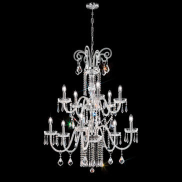 Two Tier Blown Glass Chandelier With Crystals The Two Tier Blown Glass Chandelier With Crystals features a grand design with numerous candle-like light bulbs, intricately crafted crystal arms, and hanging crystal ornaments, all set against a black background. This chandelier exudes elegance and luxury.
