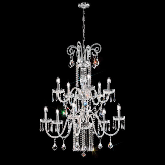 Two Tier Blown Glass Chandelier With Crystals The Two Tier Blown Glass Chandelier With Crystals features a grand design with numerous candle-like light bulbs, intricately crafted crystal arms, and hanging crystal ornaments, all set against a black background. This chandelier exudes elegance and luxury.