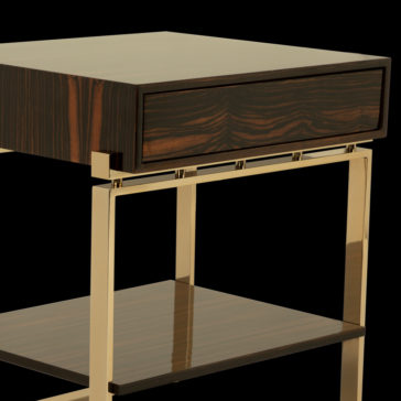 The Veneered Art Deco Inspired Bedside Table features a modern design with a dark wood drawer and shelf, all supported by a gold metallic frame. The drawer showcases a natural wood grain pattern, adding an elegant touch to the sleek structure. This stylish bedside table is presented against a black background.