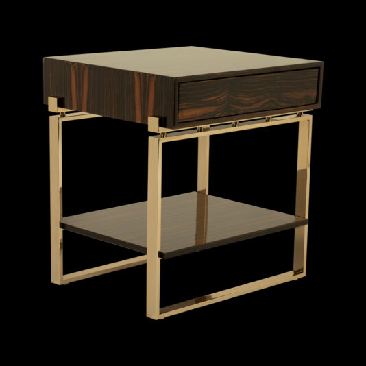 The Veneered Art Deco Inspired Bedside Table is a modern piece featuring a sleek wooden surface with a small drawer. It has a square top supported by a gold metal frame with clean lines. An additional lower wooden shelf offers extra storage space, all set against a black background.