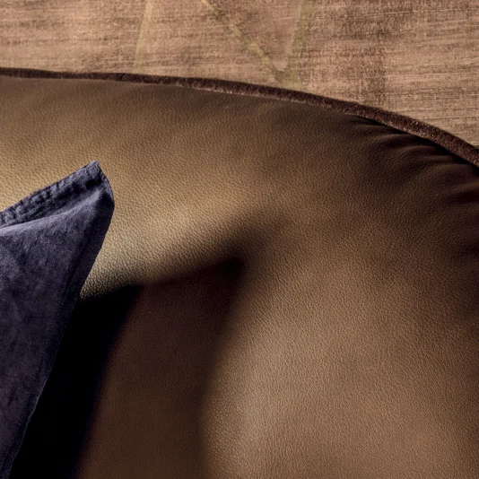 A plush brown leather sofa with a dark grey throw pillow exudes the contemporary elegance of the Contemporary Leather Upholstered Curved Bed, contrasting its smooth, glossy leather with the soft fabric of the pillow against a subtly patterned background.