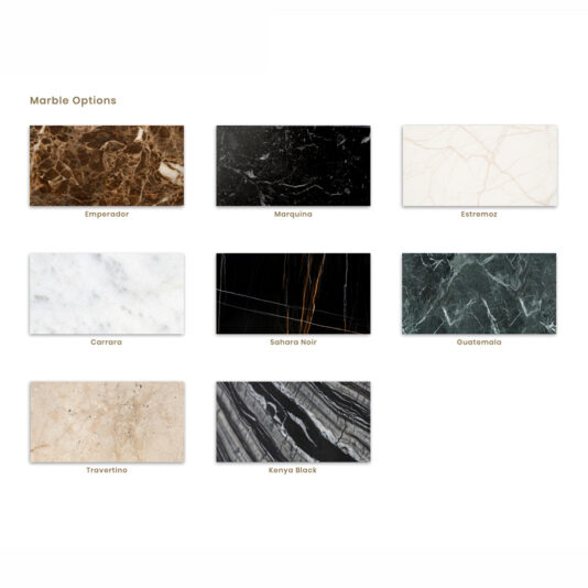 The image showcases eight distinct marble choices for the Contemporary Round Marble Coffee Table, labeled as follows: Emperador (brown), Marquina (black), Estremoz (white), Carrara (white with grey veins), Sahara Noir (black with gold lines), Guatemala (green), Travertino (beige), and Kenya Black (black with white veins).