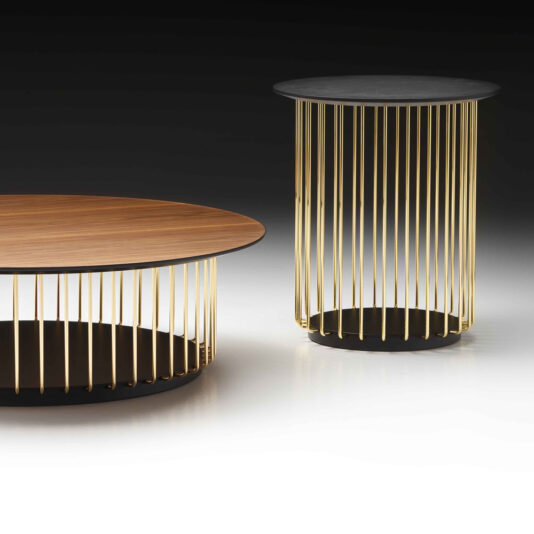 A sophisticated and stylish furniture set featuring two tables. One is the Contemporary Round Wooden Coffee Table, designed with a round wooden top and a gold-colored vertical metal rod base. The other is a taller, round side table with a sleek black top and a matching gold-colored rod base.
