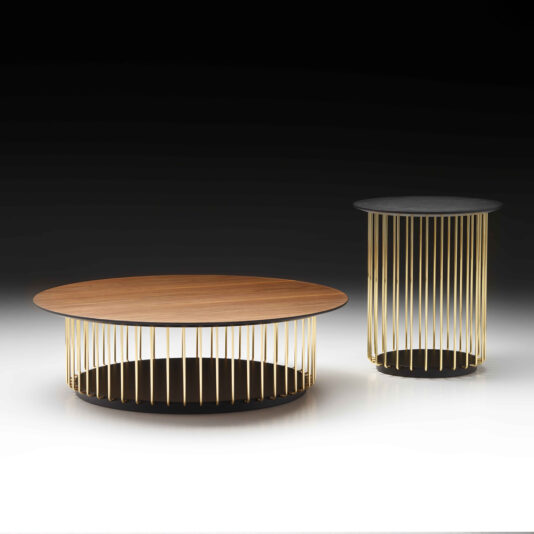 A pair of elegant contemporary tables are positioned on a minimalist stage. The larger piece is a Contemporary Round Wooden Coffee Table with a golden vertical rod base, while the smaller table has a black circular top supported by similar golden rods.