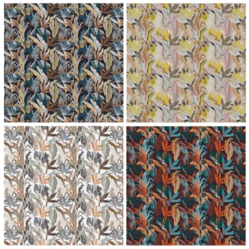 The Elegant Suspension Light With Embroidered Shade features four panels of intricate floral patterns: top left in blue and brown, top right in yellow and pink, bottom left in gray and orange, and bottom right in red and teal.
