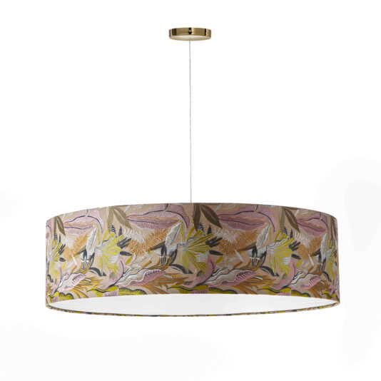 Elegant Suspension Light With Embroidered Shade The Elegant Suspension Light With Embroidered Shade features a hanging cylindrical lampshade suspended from a thin cord attached to a gold ceiling mount. The embroidered shade showcases a colorful pattern with leaves in shades of brown, pink, green, and yellow, creating a vibrant and intricate design.
