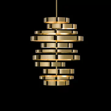 A modern multi-tiered pendant light fixture, the Large Contemporary Chandelier, is suspended against a black background. This golden chandelier features several horizontal, reflective rings stacked above each other, creating an eye-catching sculptural design.