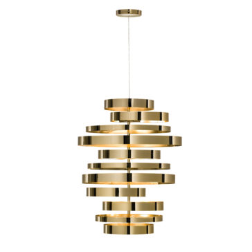 Introducing the Large Contemporary Chandelier: a modern gold pendant light fixture with a sleek cylindrical shape. This striking chandelier showcases multiple horizontal gold rings stacked vertically in a slightly uneven arrangement, creating an elegant, layered effect. It is suspended from a thin wire attached to a small, round ceiling mount.