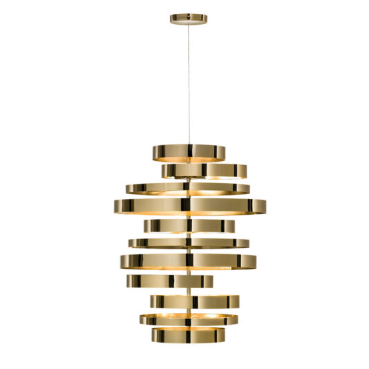 Large Contemporary Chandelier Introducing the Large Contemporary Chandelier: a modern gold pendant light fixture with a sleek cylindrical shape. This striking chandelier showcases multiple horizontal gold rings stacked vertically in a slightly uneven arrangement, creating an elegant, layered effect. It is suspended from a thin wire attached to a small, round ceiling mount.