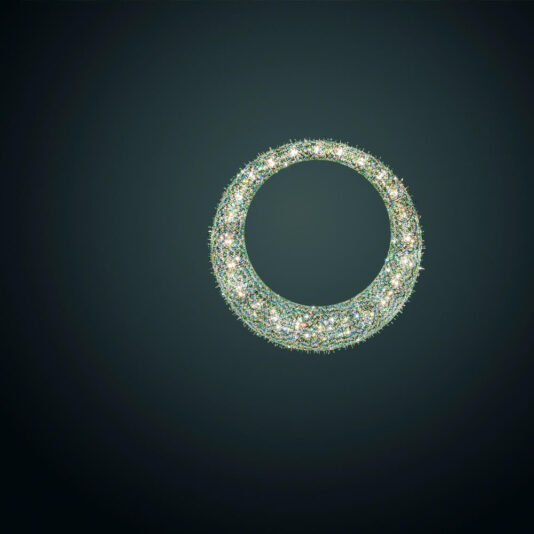 Luxury Coloured Crystal Chandelier A delicate, circular wreath made of sparkling white lights on a dark background creates a glowing and festive appearance. The lights form a dense, shimmering ring that is reminiscent of the Luxury Coloured Crystal Chandelier, evoking a sense of elegance and celebration.