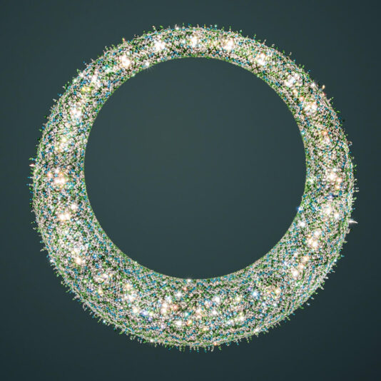 Luxury Coloured Crystal Chandelier A circular, glittering wreath made of small, sparkling lights and decorations. The wreath has a dense, textured appearance with a blend of green, white, and iridescent elements, giving it a festive and dazzling look reminiscent of the Luxury Coloured Crystal Chandelier. It is set against a dark background.