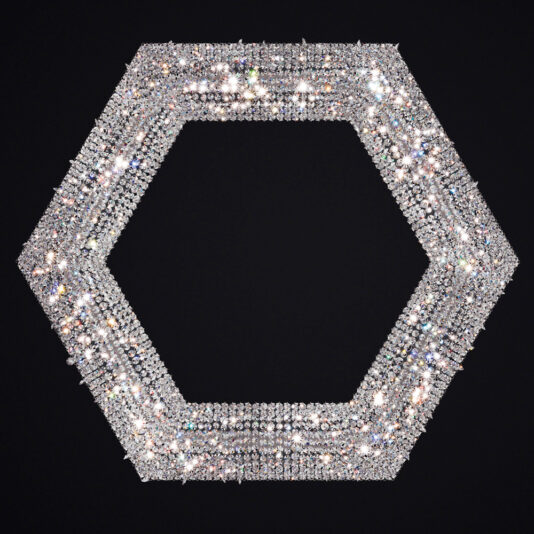 Luxury Octagonal Crystal Pendant Chandelier A luxurious and elegant appearance reminiscent of the Luxury Octagonal Crystal Pendant Chandelier, featuring a sparkling octagonal frame against a black background, composed entirely of small, multifaceted diamonds. The diamonds shimmer with various colors, reflecting light brilliantly.