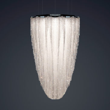 The Luxury Suspended Crystal Pendant Chandelier features cascading rows of sparkling crystal beads forming a conical shape, all hanging from a dark fixture set against a dark background. The crystals catch and reflect light to create a dazzling effect.