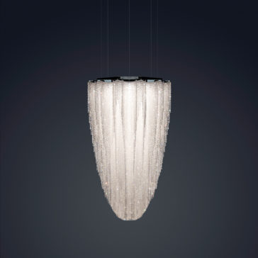 The Luxury Suspended Crystal Pendant Chandelier features an opulent design with numerous strands of small crystal beads cascading into an elegant, elongated teardrop shape. These sparkling crystals contrast beautifully against a dark background, creating a sophisticated and luxurious appearance.