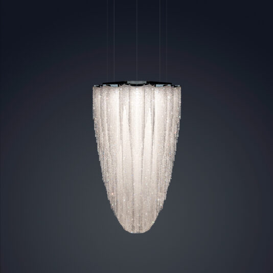 Luxury Suspended Crystal Pendant Chandelier The Luxury Suspended Crystal Pendant Chandelier features an opulent design with numerous strands of small crystal beads cascading into an elegant, elongated teardrop shape. These sparkling crystals contrast beautifully against a dark background, creating a sophisticated and luxurious appearance.