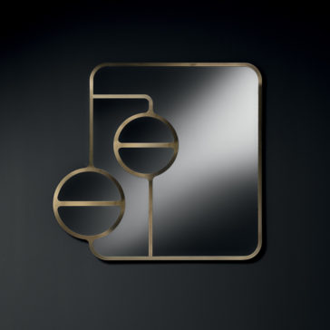 Modern Designer Curved Bronze Wall Mirror Introducing the Modern Designer Curved Bronze Wall Mirror, a chic square piece with an abstract design that includes two circular elements connected by lines on the left side. This contemporary mirror is complemented by a striking curved bronze frame set against a solid, dark background.