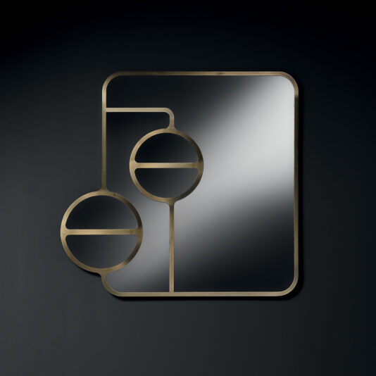 Introducing the Modern Designer Curved Bronze Wall Mirror, a chic square piece with an abstract design that includes two circular elements connected by lines on the left side. This contemporary mirror is complemented by a striking curved bronze frame set against a solid, dark background.