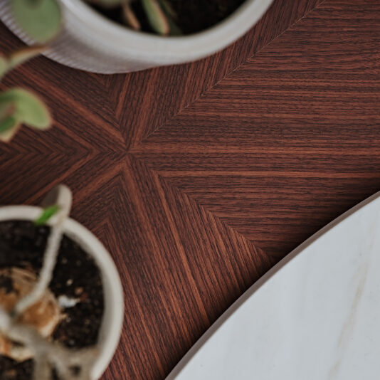 A close-up shot of a wooden table surface with a geometric pattern. Two potted plants are partially visible on the Modern Set Of Round Coffee Tables, one with green leaves and another with a single plant stem. A round, white marble object is also partially visible on the right side.