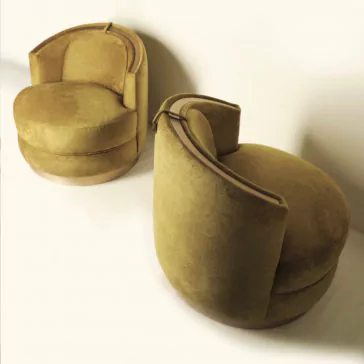 Modern Swivel Tub Chair Two Modern Swivel Tub Chairs in a cheerful mustard hue are positioned side by side against a light, neutral background. The chairs feature plush upholstery and elegant, curved backrests, creating a cozy and stylish seating area.