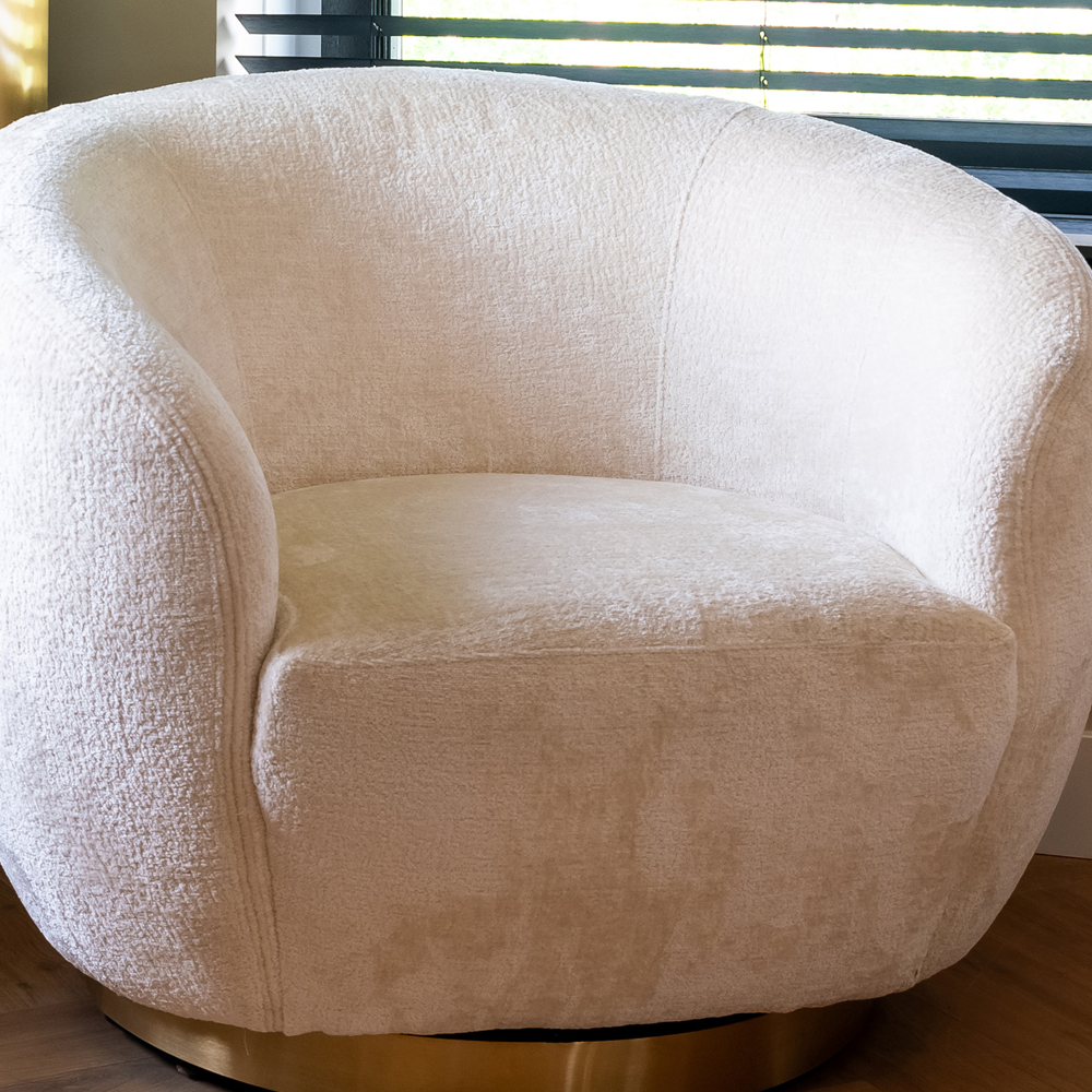 White Chenille Fabric Swivel Tub Chair