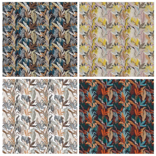 Luxury Suspension Light With Embroidered Shade Four square patterns of dense foliage mimic the charm of the Luxury Suspension Light With Embroidered Shade, each with unique colors: blue and brown, yellow and gray, black and beige, and red with teal, capturing a lush tropical feel.