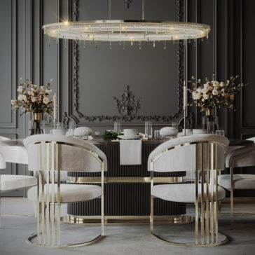 Large Modern Ribbed Veneer Dining Table A luxurious dining room featuring the Large Modern Ribbed Veneer Dining Table, set for a meal with elegant white tableware and floral arrangements. It has metallic chairs with white cushions. Above, an opulent oval chandelier with hanging crystal accents illuminates the space.