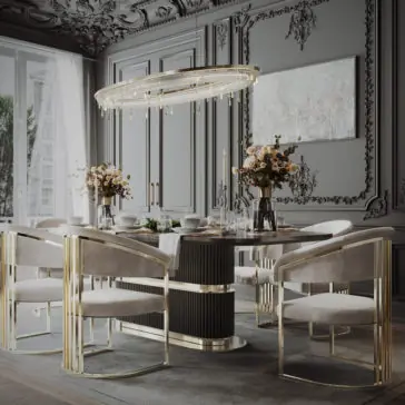 Large Modern Ribbed Veneer Dining Table A luxurious dining room features the Large Modern Ribbed Veneer Dining Table set with elegant decor, surrounded by six upholstered chairs with gold accents. A circular chandelier, ornate wall panels, and large windows enhance the room's sophisticated ambiance.