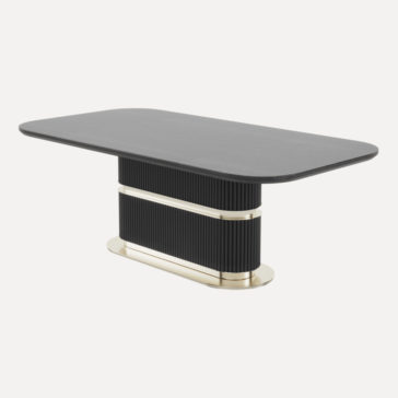 Large Modern Ribbed Veneer Dining Table The Large Modern Ribbed Veneer Dining Table features a dark gray rectangular top and is elevated by a distinctive black ribbed pedestal base, adorned with elegant gold metallic accents. This contemporary design seamlessly blends sleek lines with a sophisticated aesthetic.