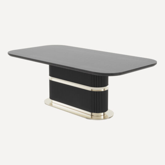 Large Modern Ribbed Veneer Dining Table The Large Modern Ribbed Veneer Dining Table features a dark gray rectangular top and is elevated by a distinctive black ribbed pedestal base, adorned with elegant gold metallic accents. This contemporary design seamlessly blends sleek lines with a sophisticated aesthetic.