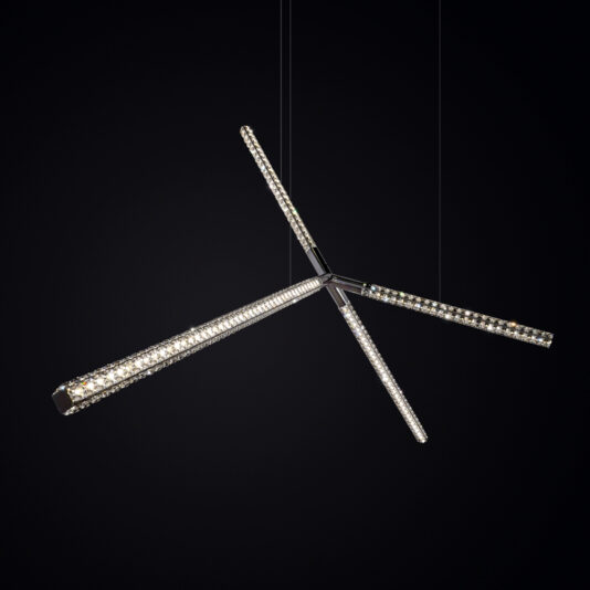 Luxury Crystal LED Chandelier The Luxury Crystal LED Chandelier features a sleek design with three intersecting linear LED light rods, each encrusted with sparkling crystals and suspended by thin wires against a dark background.