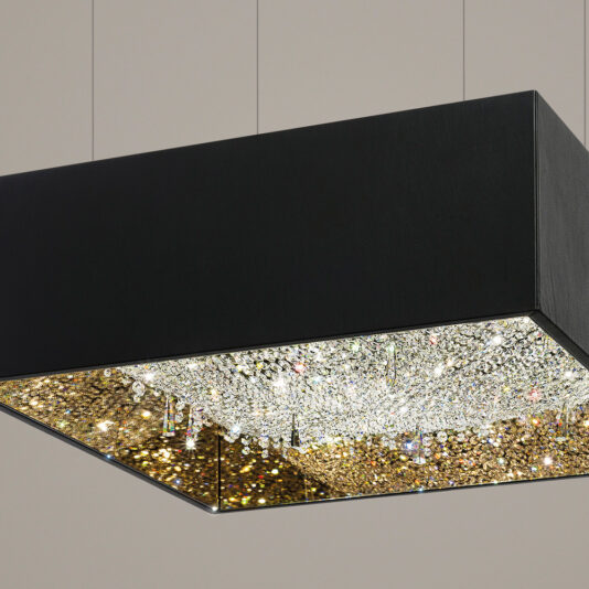 Luxury Square Crystal Chandelier The Luxury Square Crystal Chandelier with a black exterior hangs from the ceiling, showcasing an intricate bottom surface adorned with numerous sparkling crystals that reflect light beautifully, creating a modern and luxurious pattern.