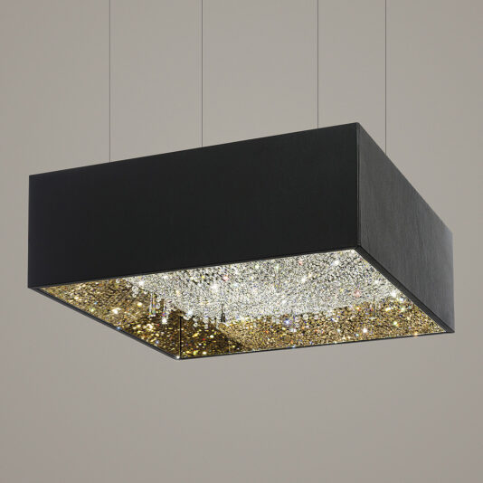 Luxury Square Crystal Chandelier The Luxury Square Crystal Chandelier is elegantly suspended from the ceiling with thin wires. The bottom surface sparkles with an array of small, reflective crystals, creating a luminous and sophisticated look against the plain background.