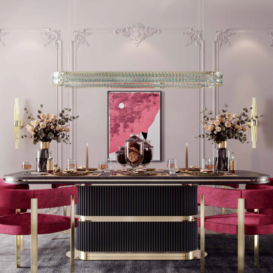 Modern Curved Dining Chair A chic dining area features a sleek table set with gold-rimmed glasses, candles, and flower arrangements in vases. Surrounding the table are plush red Modern Curved Dining Chairs. On the wall, there is a contemporary abstract painting and a decorative chandelier hangs above.
