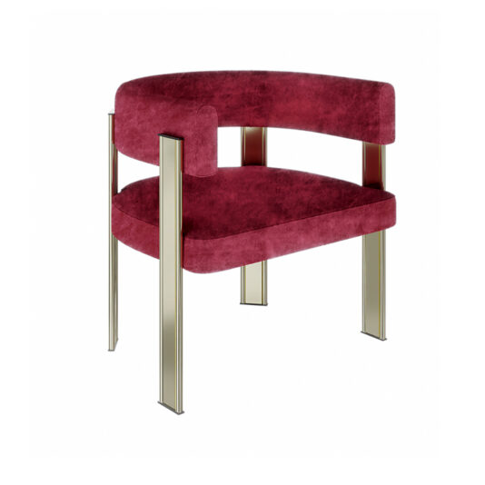 Modern Curved Dining Chair The Modern Curved Dining Chair features a plush, deep red cushion and an elegant curved backrest. It stands on sleek, metallic gold legs and supports, exuding a contemporary and luxurious vibe. The backrest and seat are upholstered in velvet-like fabric for added sophistication.