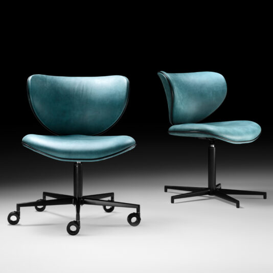 Two modern office chairs with teal leather seats and backs. One chair, the Retro Inspired Swivel Office Chair, has wheels for mobility and a sleek black metal frame. The other chair features a stationary base with four legs, also with a black metal frame, both boasting a minimalist design. The chairs are set against a black and gray gradient background.
