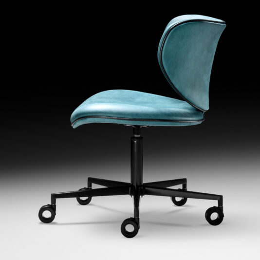 Retro Inspired Swivel Office Chair The Retro Inspired Swivel Office Chair boasts teal upholstery and a curved backrest, blending modern design with retro flair. It is equipped with a black metal base and five caster wheels for effortless mobility. Its sleek, minimalist design stands out against a gradient gray background, offering a contemporary touch to any office space.