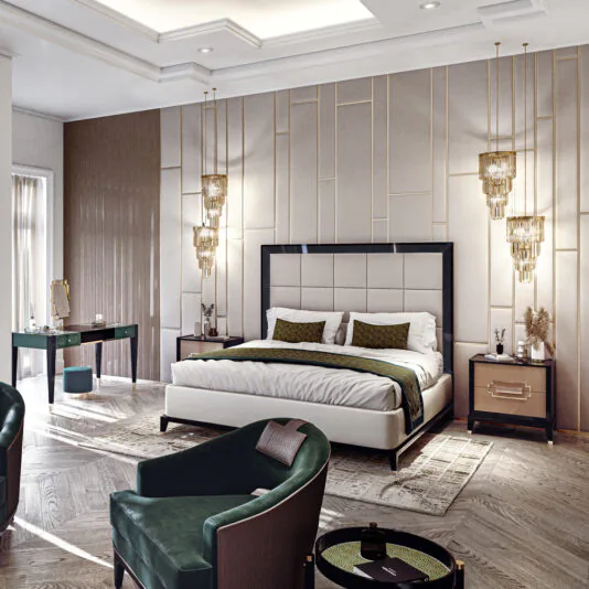 Art Deco Style Bed With Tall Headboard A contemporary bedroom showcases an Art Deco Style Bed With Tall Headboard, complemented by nightstands and elegant crystal chandeliers. A plush green armchair and sleek dressing table complete the modern decor with neutral tones and accent pillows.