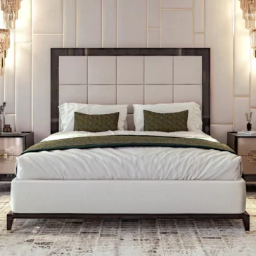 Art Deco Style Bed With Tall Headboard Luxurious bedroom with the Art Deco Style Bed With Tall Headboard, featuring a tall, cushioned headboard and elegant bedding with two pillows and a folded blanket. The room includes stylish side tables with modern lamps and decorative wall panels, creating a sophisticated and cozy atmosphere.