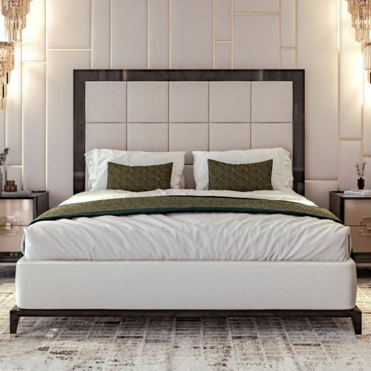 Luxurious bedroom with the Art Deco Style Bed With Tall Headboard, featuring a tall, cushioned headboard and elegant bedding with two pillows and a folded blanket. The room includes stylish side tables with modern lamps and decorative wall panels, creating a sophisticated and cozy atmosphere.