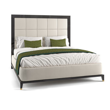 Art Deco Style Bed With Tall Headboard The Art Deco Style Bed With Tall Headboard is a stylish, modern piece featuring a large, upholstered headboard adorned with a grid pattern. Crafted with neutral color fabric, it is complemented by green throw pillows and a green bed runner. The sleek, contemporary frame enhances the elegance of the tall headboard design.