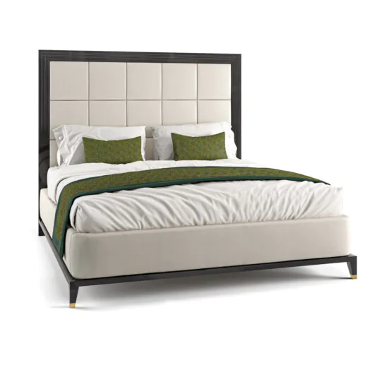 Art Deco Style Bed With Tall Headboard The Art Deco Style Bed With Tall Headboard is a stylish, modern piece featuring a large, upholstered headboard adorned with a grid pattern. Crafted with neutral color fabric, it is complemented by green throw pillows and a green bed runner. The sleek, contemporary frame enhances the elegance of the tall headboard design.