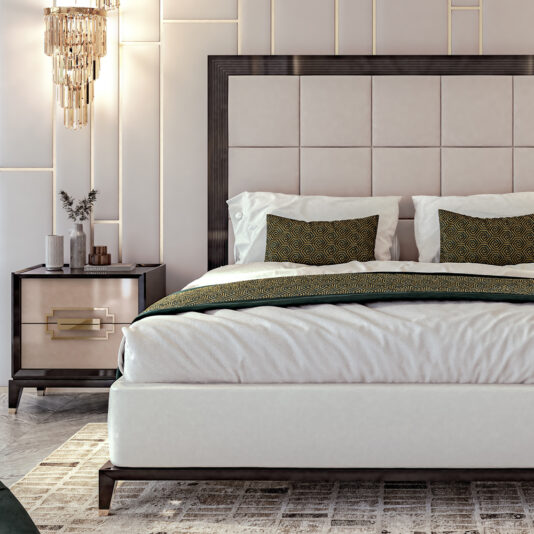 Art Deco Style Bed With Tall Headboard A modern bedroom features the Art Deco Style Bed With Tall Headboard, adorned with green and gold accent pillows and white bedding. A chic nightstand with a drawer stands beside the bed, topped with a small plant. A geometric crystal chandelier hangs on the wall above.