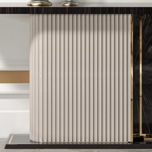 A close-up of the Art Deco Style Veneer Console Table showcases a vertically ribbed beige panel framed by dark wood trim with gold accents, epitomizing a modern and luxurious Art Deco aesthetic. Clean lines and a glossy veneer finish further elevate the design.