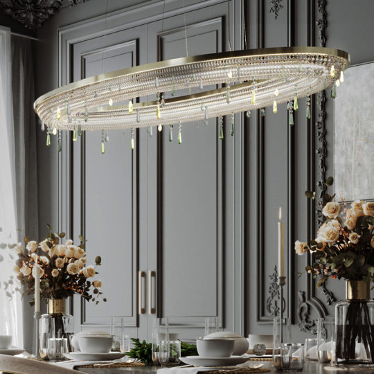 A luxurious dining room featuring the Contemporary Crystal Chandelier With Coloured Drops, dangling elegantly. The detailed wall paneling complements a dining table set with white dishes, candlesticks, and bouquets of beige roses in vases. The atmosphere is sophisticated and refined.