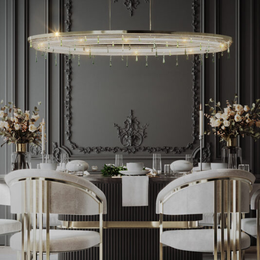 Elegant dining room with a luxurious *Contemporary Crystal Chandelier With Coloured Drops* hanging over a set table. The room features ornate wall paneling, glass vases with floral arrangements, and sleek, gold-accented white chairs around a black dining table.