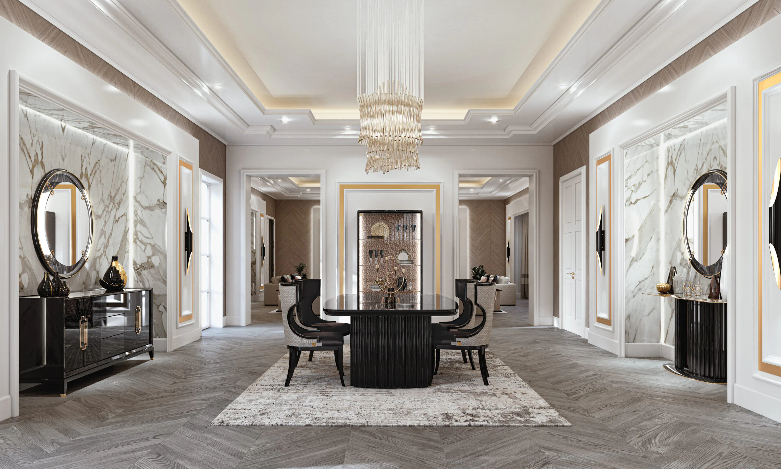 Elegant dining room with a modern design, featuring a sleek black dining table and chairs. Large mirrors and marble walls enhance the space. A luxurious chandelier hangs from the ceiling, and decorative accents are placed throughout the room.